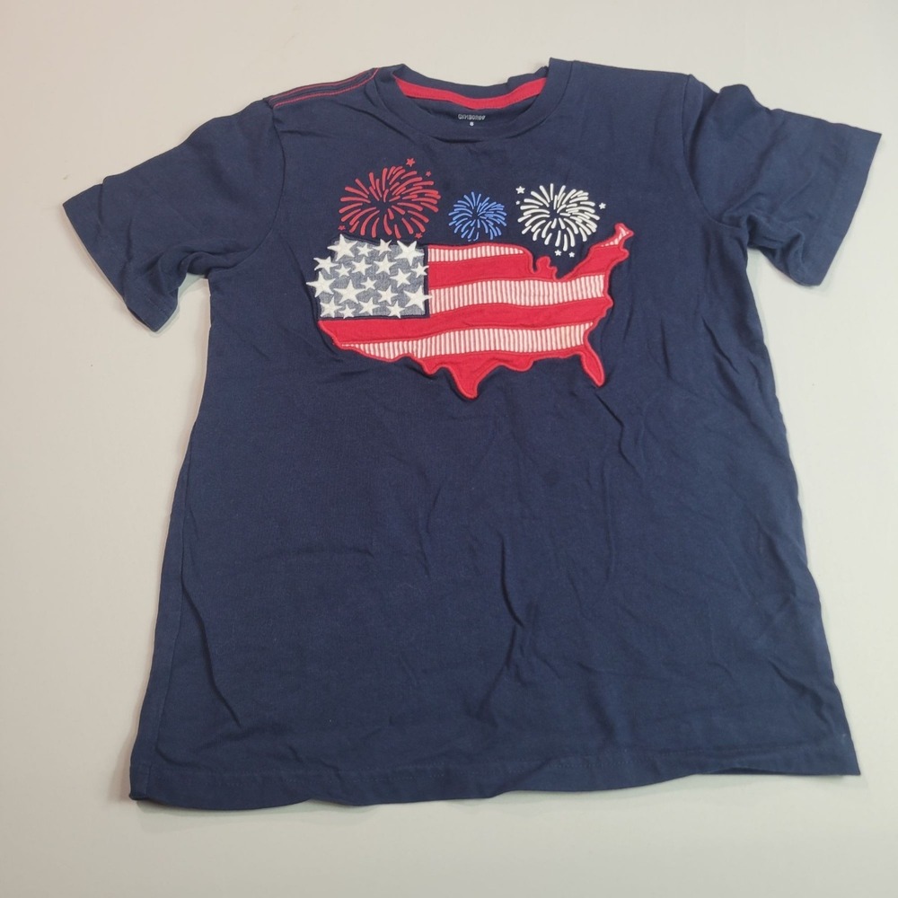 Gymboree Boys 8 USA Flag Fireworks T-Shirt 100% Cotton Blue Red White Short Slee